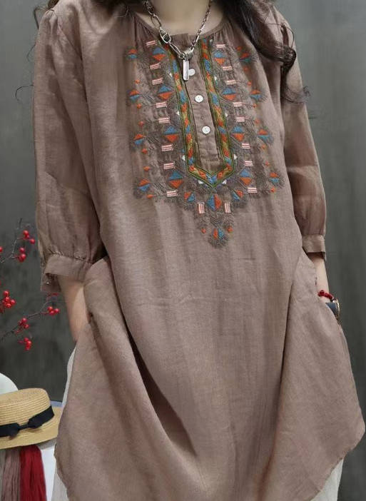 Vintage Casaul Cotton Linen Loose Half Sleeves Embroidered Top