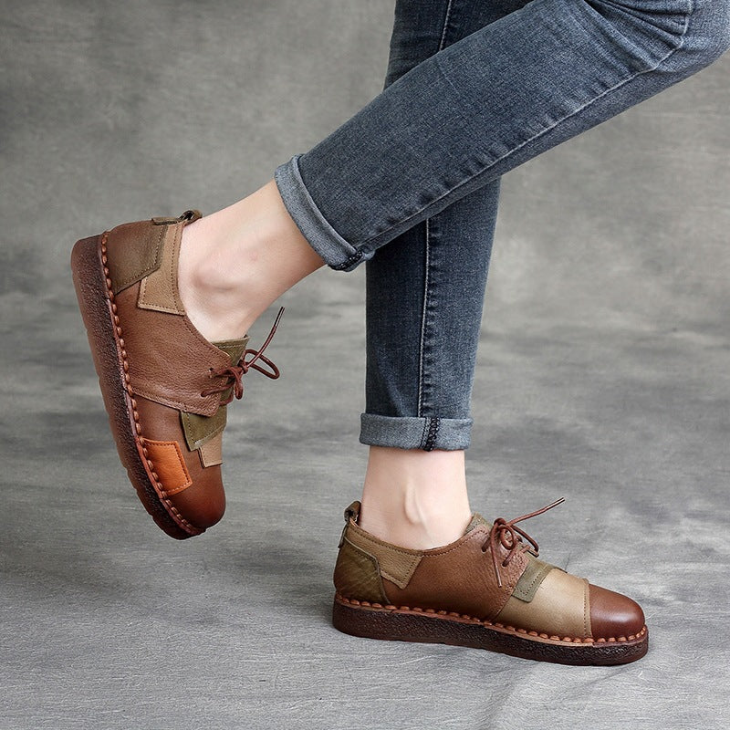 Genuine Leather Round Toe Patchwork Lace-Up Soft Flat Sole Shoes