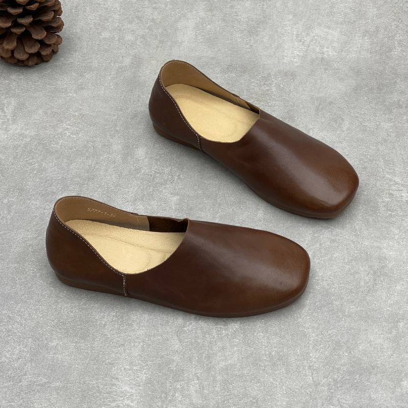 Retro Top Leather Closed Round Toe Soft Comfy Slip-On Flats