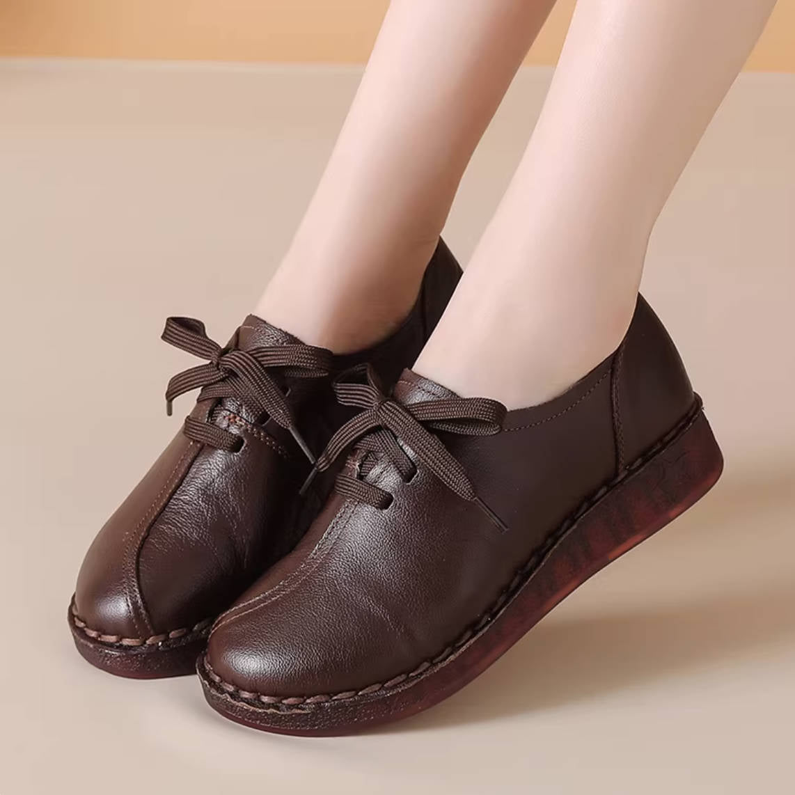 Spring Leather Round Toe Soft Sole Casual Lace-Up Working Shoes