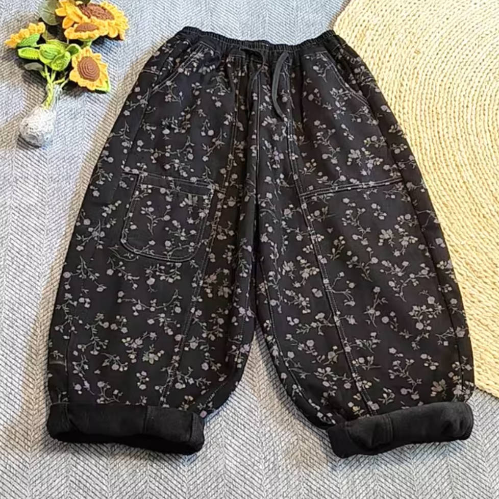 Winter Floral Printed Denim Elastic Waist Warm Plush Harem Pants