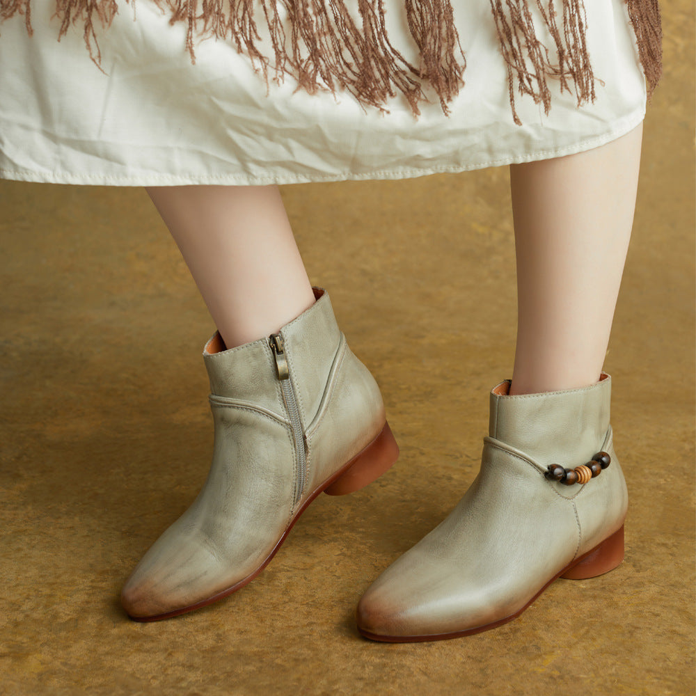 Genuine Leather Pointed Toe Beading Zipper Low Heel Ankle Boots