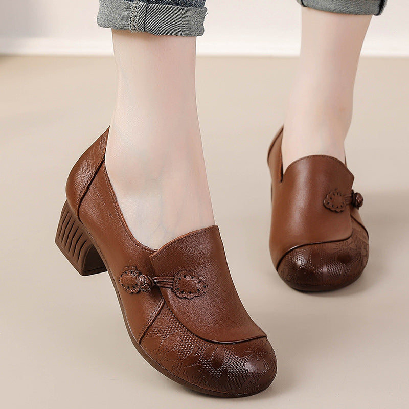 Retro Leather Round Toe Floral Printed Shallow Low Heel Shoes