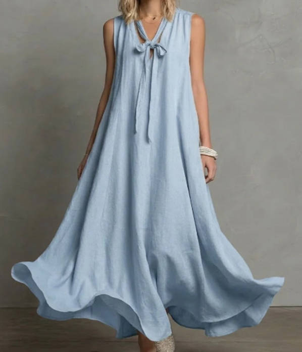 Spring Elegant Linen V-neck Tie Waist Sleeveless Dress