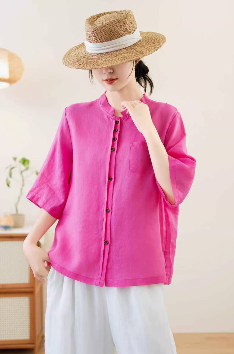 Spring Retro Ramie Comfortable Stand Neck Loose Thin Tops