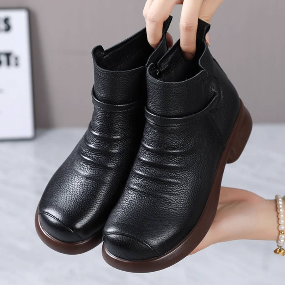 Genuine Leather Soft Sole Low Chunky  Zipper Plus Size Boots