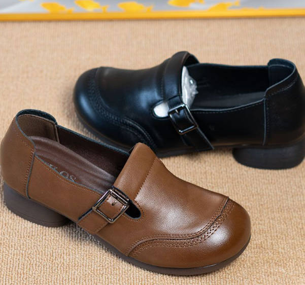 Retro Soft Leather One Straped Round Toe Soft Sole Flats