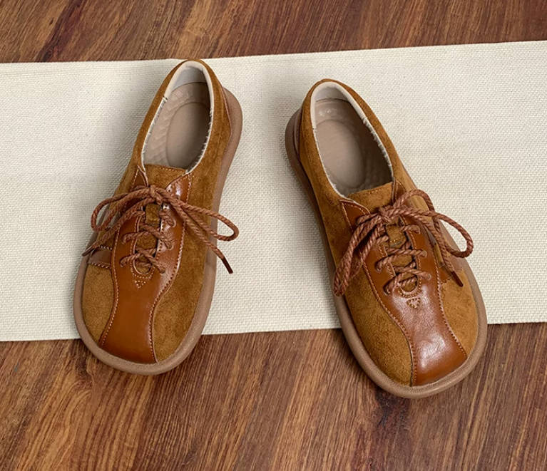 Vintage Leather Lace Up Square Toe Soft Sole Flats
