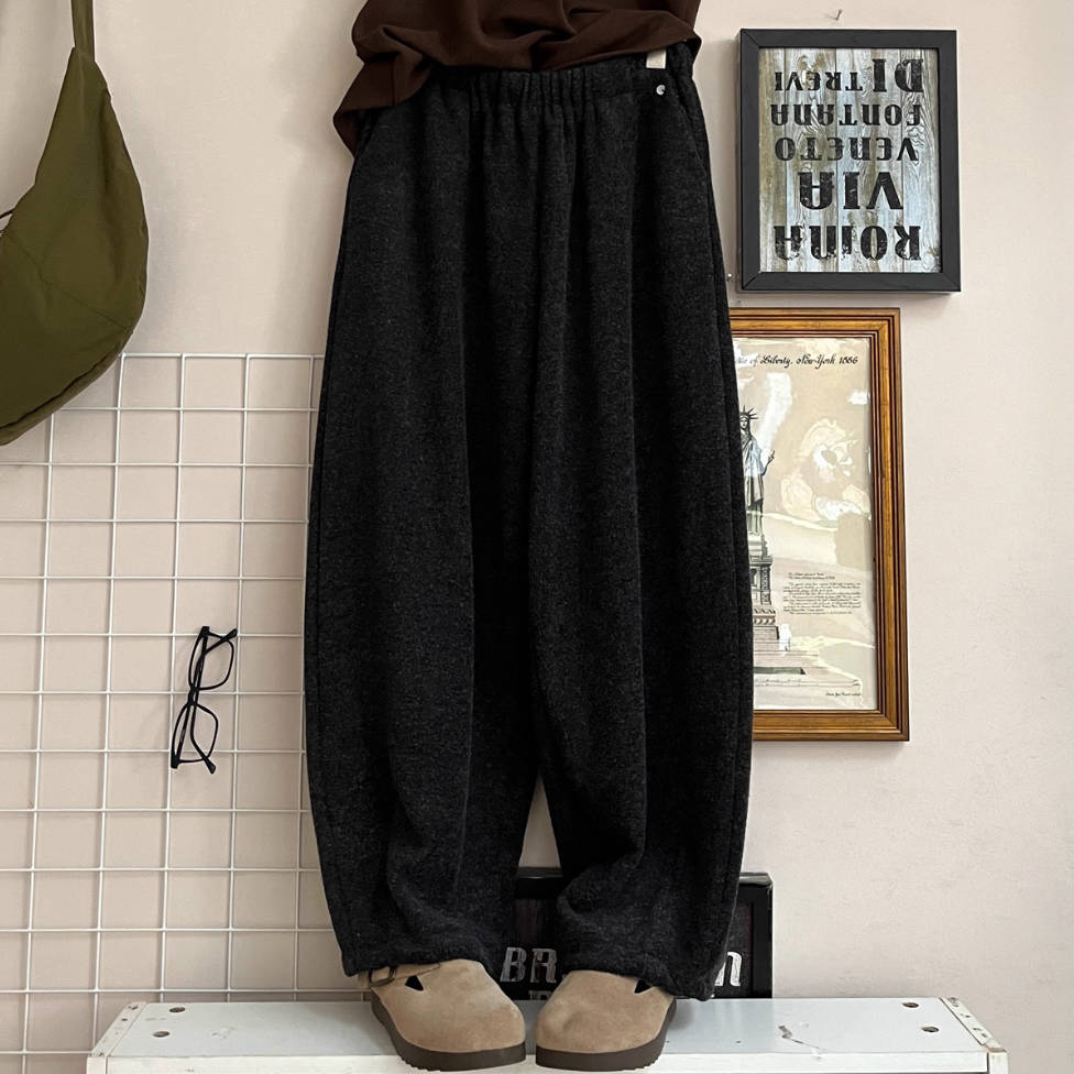 Retro Simple Wool Cotton Warm Elastic Waist Casual Pants