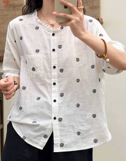 Women Vintage Embroidered Round Neck Loose Short Sleeve Shirt