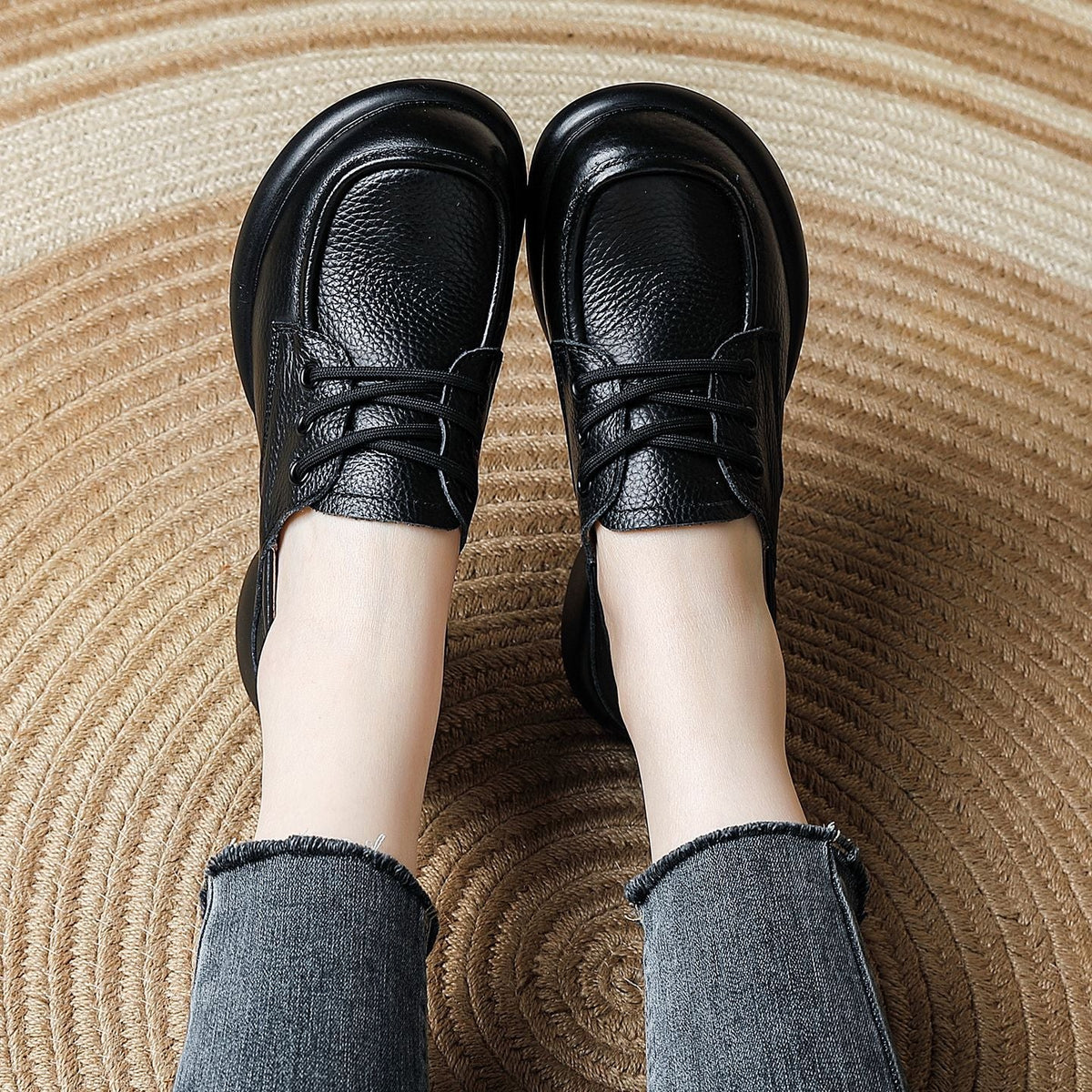 Top Leather Casual Round Toe Versatile Lace-Up Soft Sole Flats