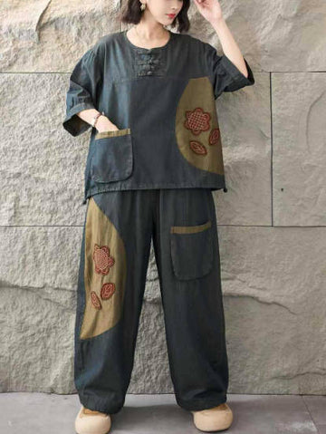 Vintage Cotton Patchwork Button Denim Short-Sleeve T-Shirt Loose Harem Pants Set
