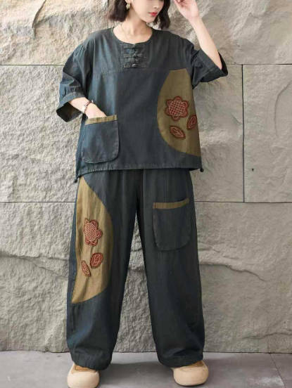 Vintage Cotton Patchwork Button Denim Short-Sleeve T-Shirt Loose Harem Pants Set