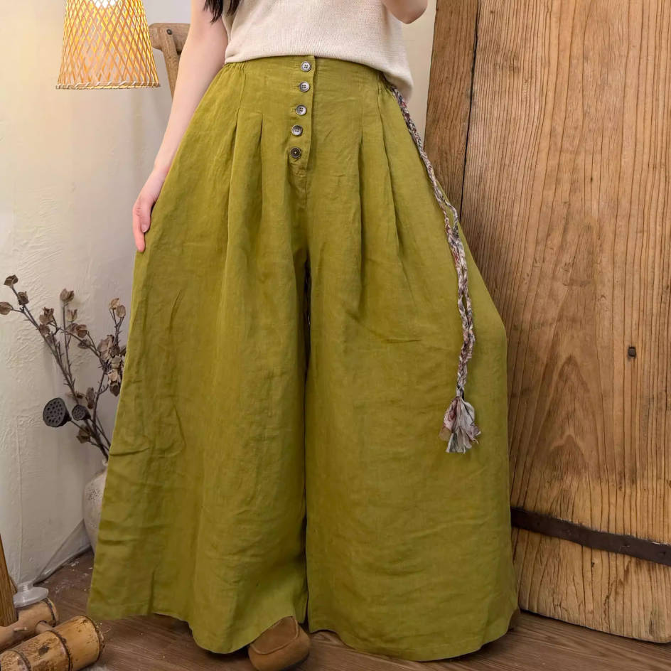 Spring Fashionable Linen Colorful Wide Legs Elastic Waist Pants
