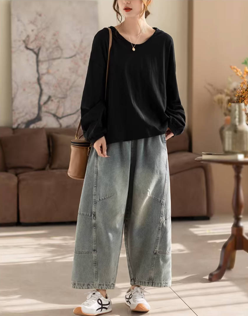 Denim Retro Washed Patchwork Versatile Elastic Waise Lace-Up Loose Jeans
