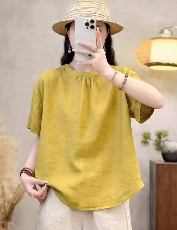 Spring Solid Color Linen Loose 3/4 Sleeve Casual Top