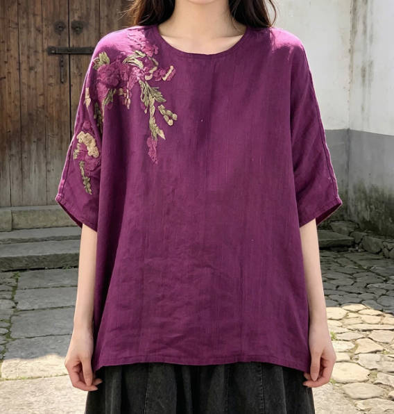 Women Vintage Embroidered Linen Drop Shoulder Loose Fit Slimming T-shirt