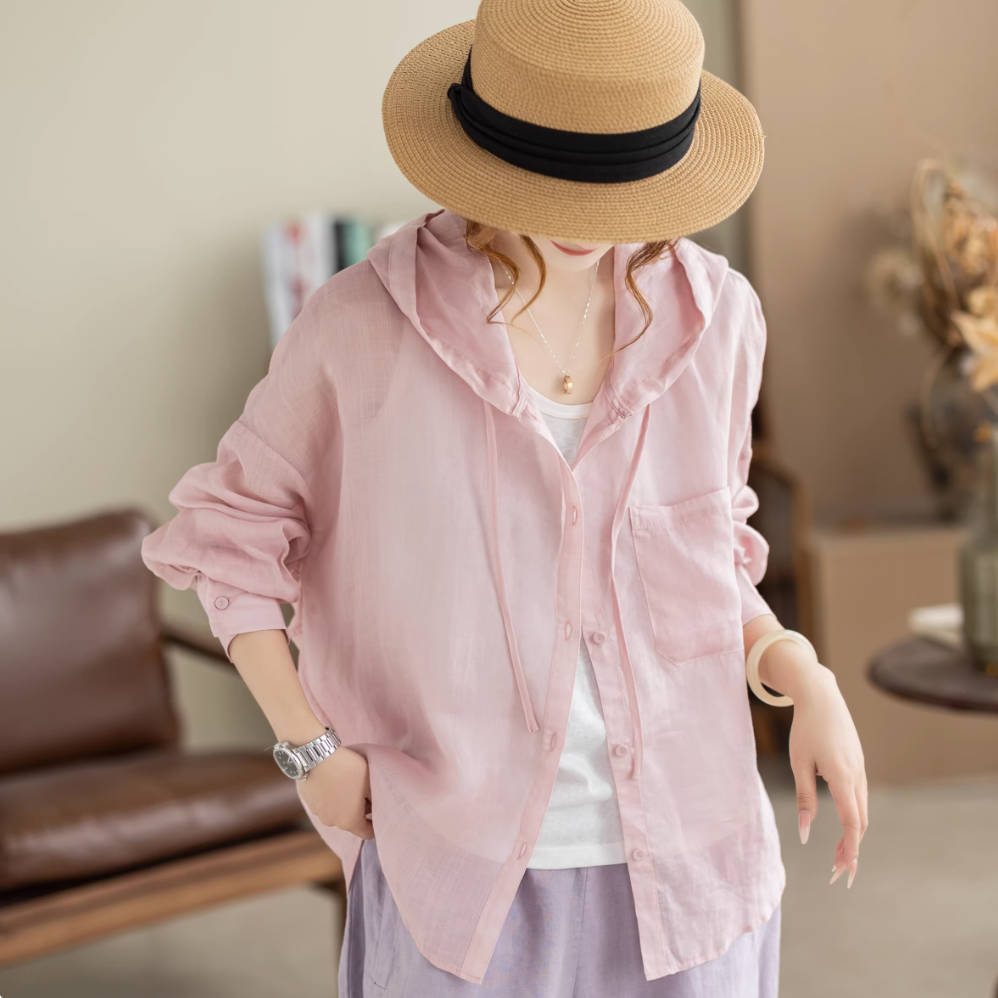 Spring Ramie Solid Color Thin Slim Loose Hoodies Breathable Shirt