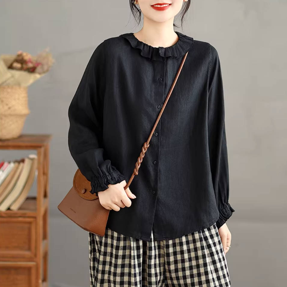 Spring Retro Cotton Linen Round Neck Ruffled Slim Comfortable Shirt