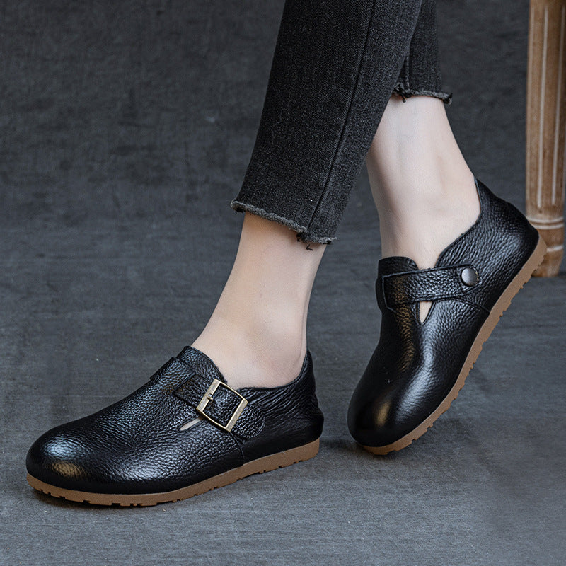 Soft Leather Round Toe Retro Everyday Comfy Flat Sole Slip-Ons