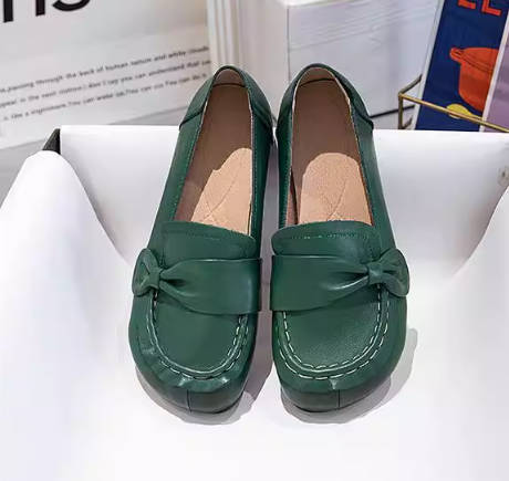 Women Bowknot Genuine Leather Round Toe Soft Sole Flat Slip-on