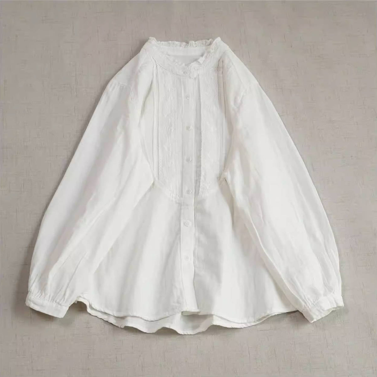 Retro Spring Ruffled Neck Accordion Pleats Solid Color Shirt