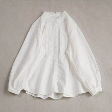 Retro Spring Ruffled Neck Accordion Pleats Solid Color Shirt