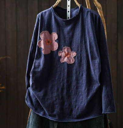 Vintage Cotton Flower Round-Neck Long-Sleeve Pullover Top