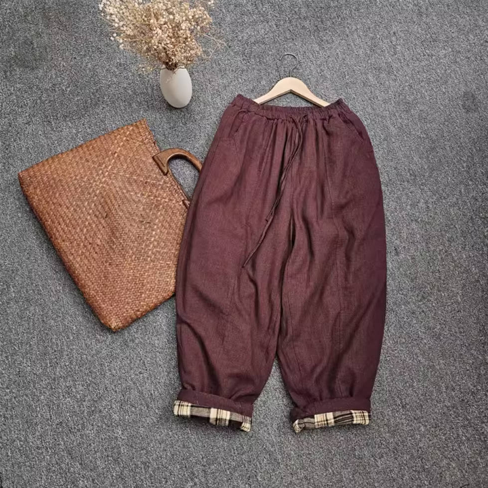 Winter Linen Solid Color Elastic Waist Loose Cotton-In Thick Pants