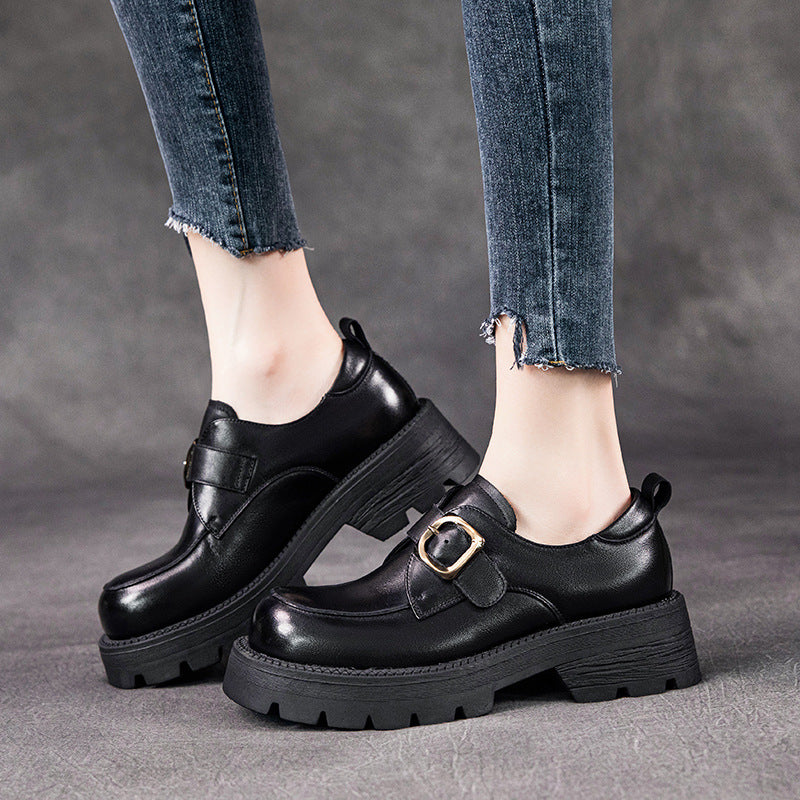 Retro Spring Leather Round Toe Straped Thick Soft Sole Casual Shoes