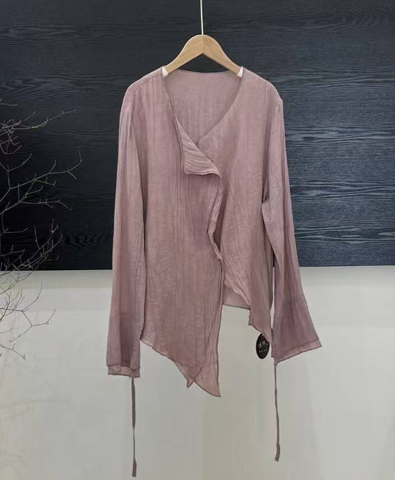 Casual Versatile Ramie Cardigan Lace Up With Belt Design Top