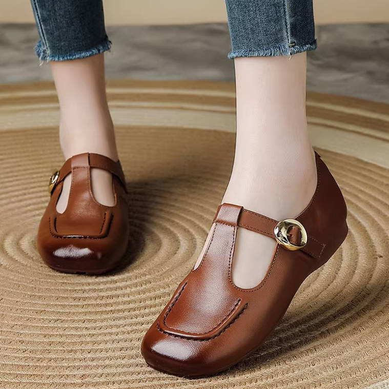 Top Leather Vintage Cut Out One Straped Square Toe Soft Sole Flats