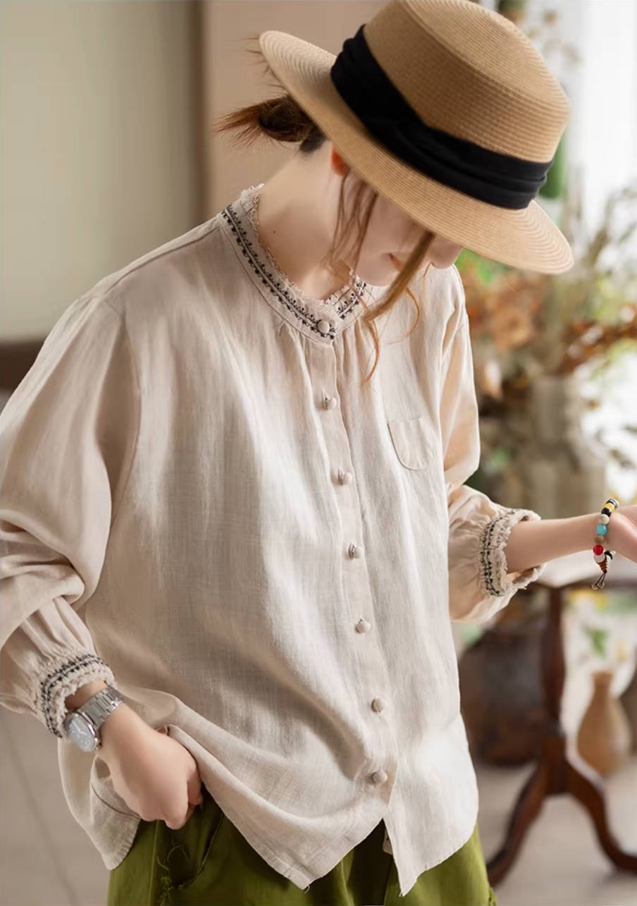 Spring Ramie Thin Embroidered Round Neck Versatile Casual Shirts