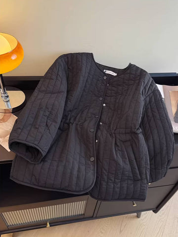 Solid Color Cotton Striped Round Neck Warm Cotton-In Coat
