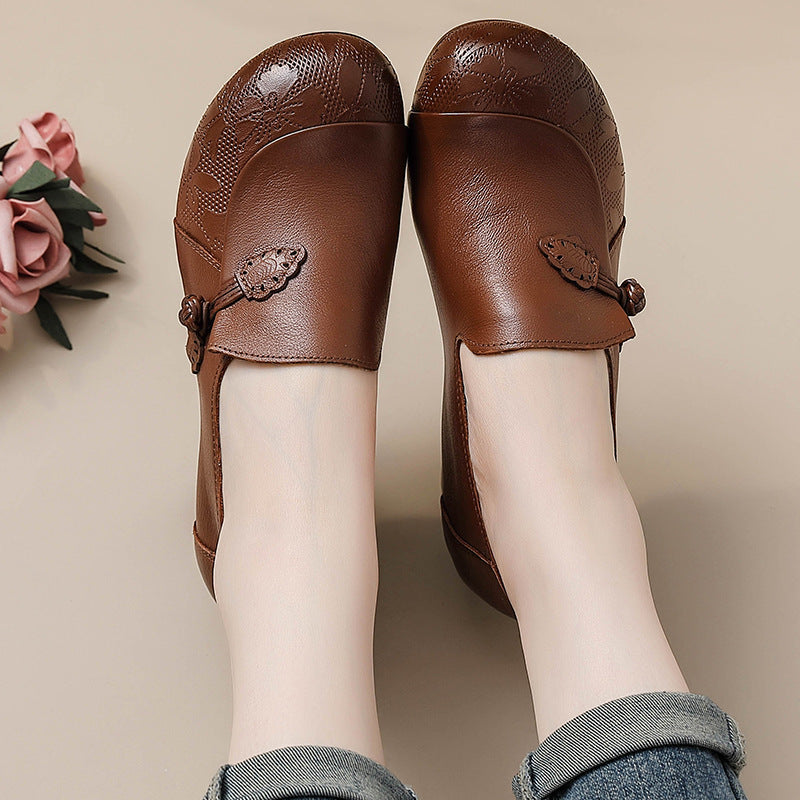 Retro Leather Round Toe Floral Printed Shallow Low Heel Shoes