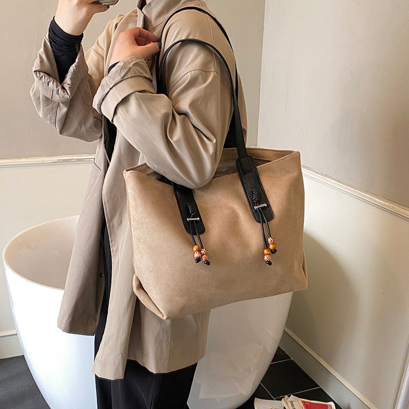 Sueded Big Size Leather Straped Beaded Tassel Casual Tote Bag
