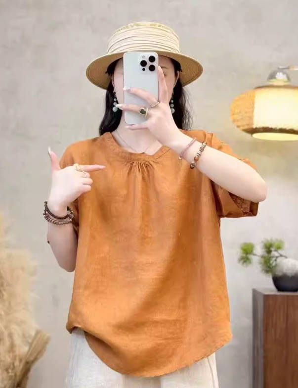 Spring Solid Color Linen Loose 3/4 Sleeve Casual Top