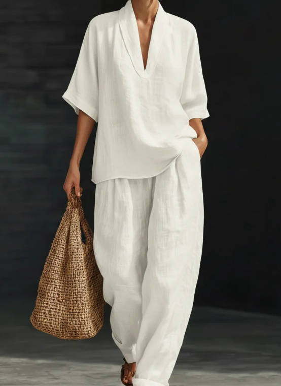 Spring Loose Solid Color Linen Casual Wide-Leg Pant Set