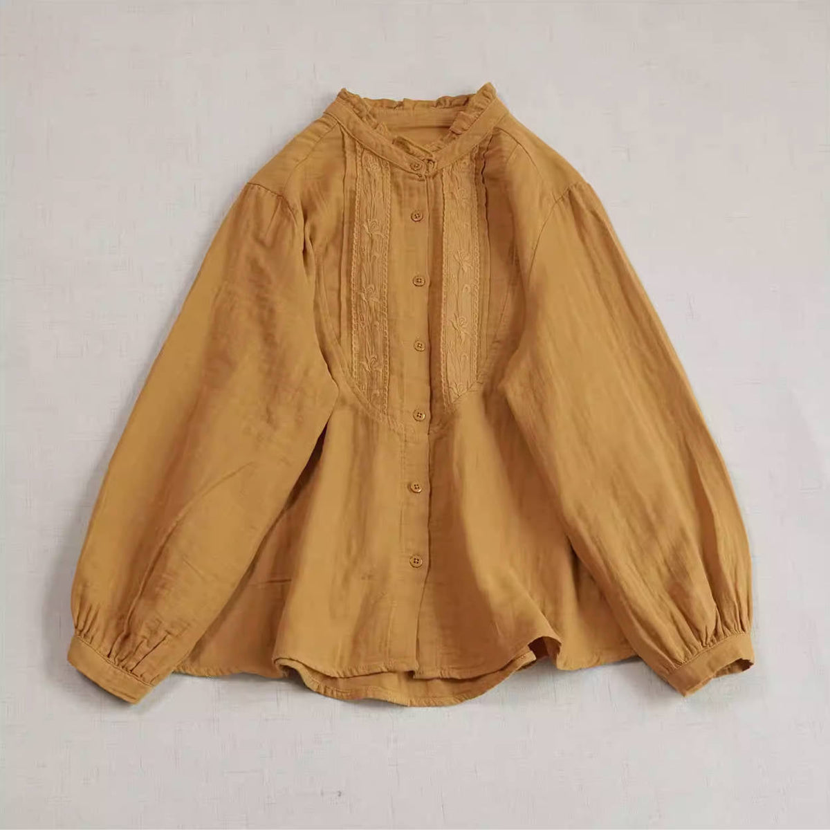 Retro Spring Ruffled Neck Accordion Pleats Solid Color Shirt