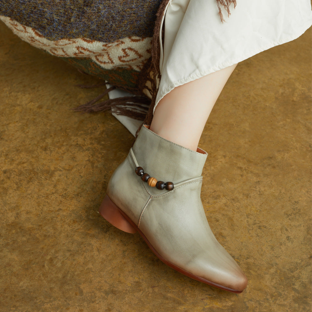 Genuine Leather Pointed Toe Beading Zipper Low Heel Ankle Boots