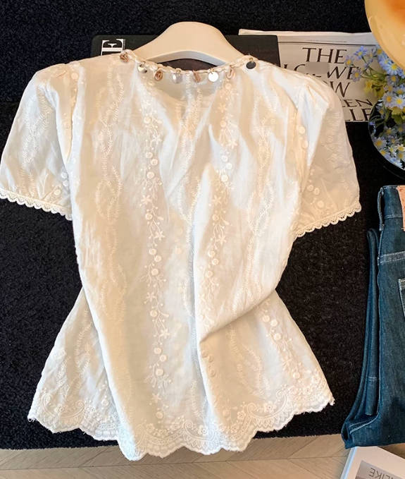 Vintage Round-Neck Shell Tassel Tie Short-Sleeve Designer Blouse