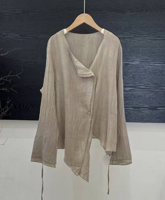 Casual Versatile Ramie Cardigan Lace Up With Belt Design Top