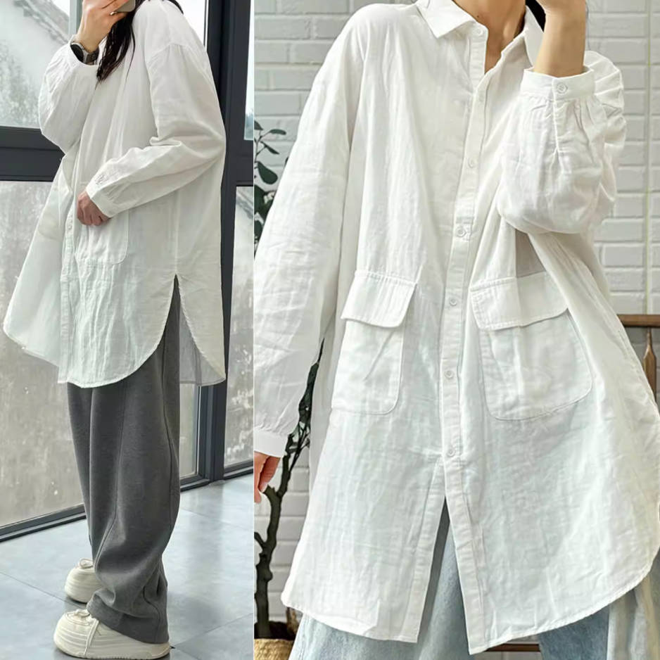 Retro Cotton Thin Soft Casual Long Loose Solid Color Shirt