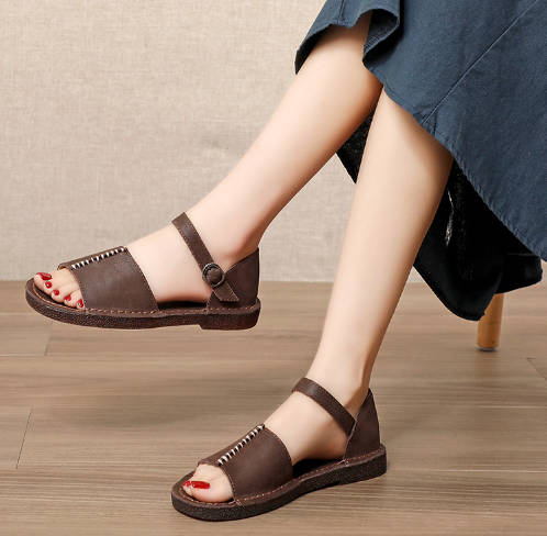 Summer Retro Single Strap Top Layer Cowhide Open Toe Sandals