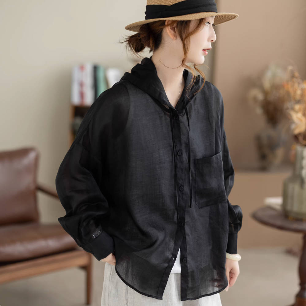 Spring Ramie Solid Color Thin Slim Loose Hoodies Breathable Shirt