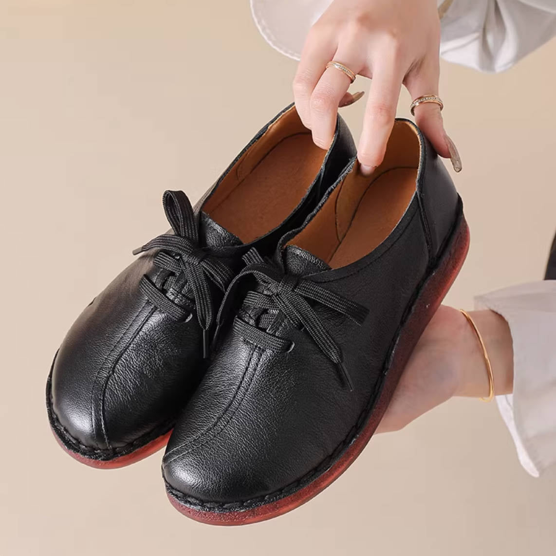 Spring Leather Round Toe Soft Sole Casual Lace-Up Working Shoes