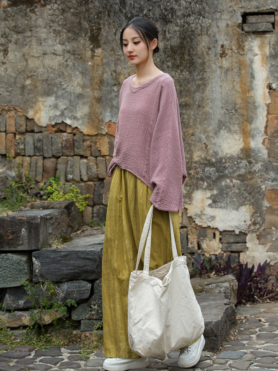 Solid Color Retro Cotton V-Neck Loose Textured Breathable Top