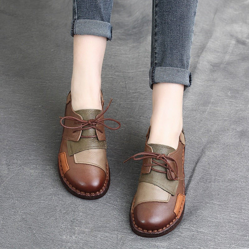 Genuine Leather Round Toe Patchwork Lace-Up Soft Flat Sole Shoes