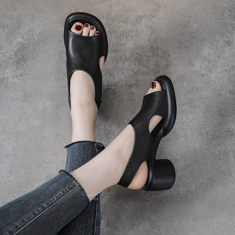 Spring Retro Leather Open Toe Chunky Casual Straped Sandals