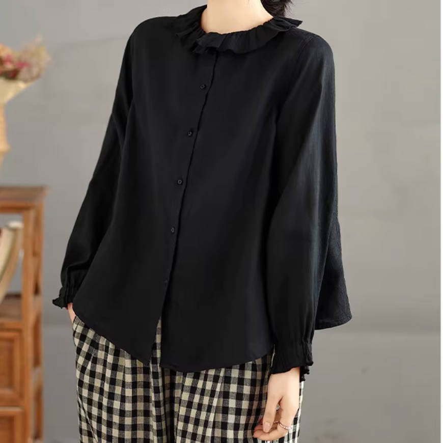 Spring Retro Cotton Linen Round Neck Ruffled Slim Comfortable Shirt